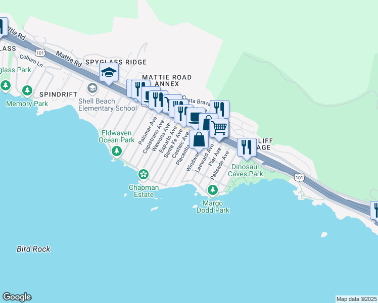 map of restaurants, bars, coffee shops, grocery stores, and more near 220 Boeker Avenue in Pismo Beach