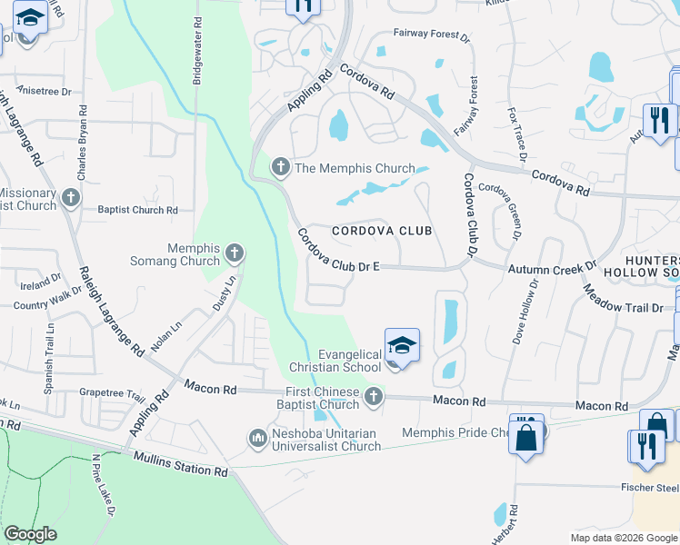 map of restaurants, bars, coffee shops, grocery stores, and more near 7511 Cordova Club Drive East in Shelby County