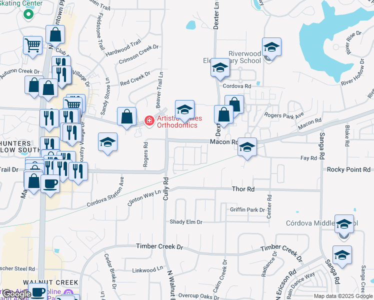 map of restaurants, bars, coffee shops, grocery stores, and more near 8502 Prestine Loop in Memphis