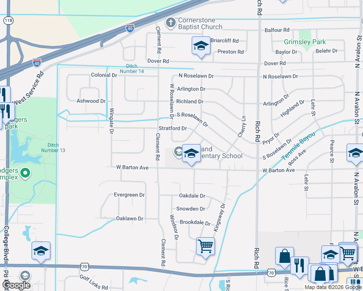 map of restaurants, bars, coffee shops, grocery stores, and more near 1010 Roselawn Circle in West Memphis