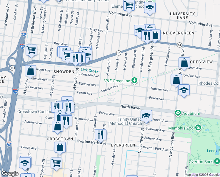 map of restaurants, bars, coffee shops, grocery stores, and more near 1542 Tutwiler Ave in Memphis