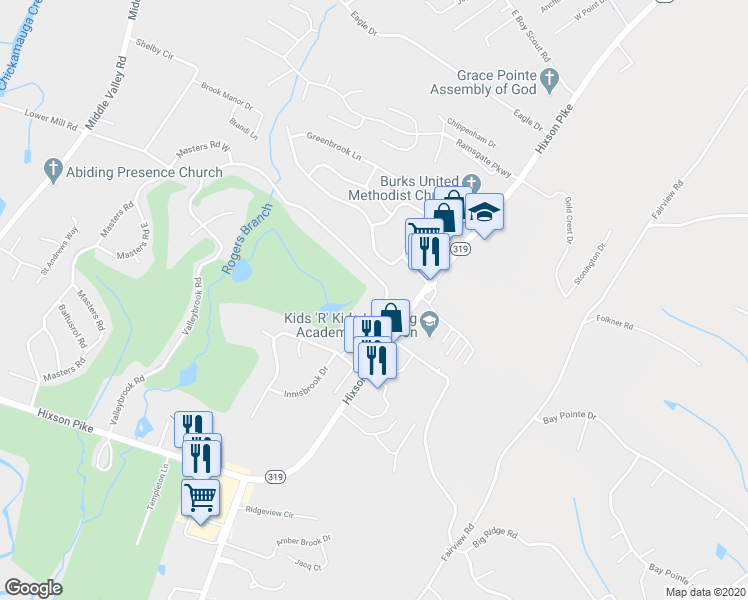 map of restaurants, bars, coffee shops, grocery stores, and more near 6213 North Innisbrook Drive in Chattanooga