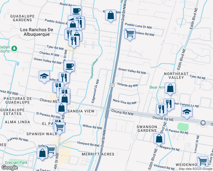 map of restaurants, bars, coffee shops, grocery stores, and more near 6704 Elwood Drive Northwest in Los Ranchos de Albuquerque