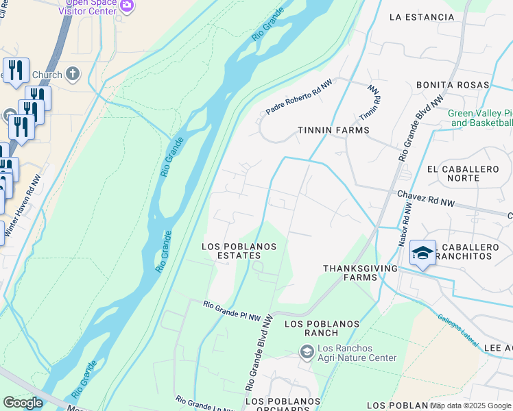 map of restaurants, bars, coffee shops, grocery stores, and more near 5411 Los Poblanos Lane in Los Ranchos de Albuquerque