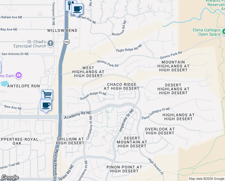 map of restaurants, bars, coffee shops, grocery stores, and more near 6527 Kaas Trail Court Northeast in Albuquerque