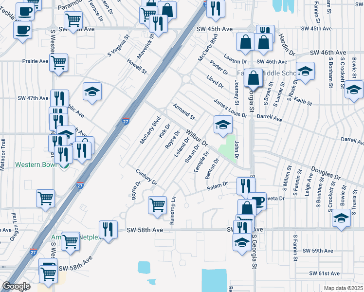 map of restaurants, bars, coffee shops, grocery stores, and more near 5110 Leland Dr in Amarillo