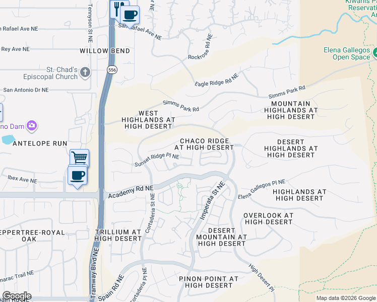 map of restaurants, bars, coffee shops, grocery stores, and more near 6523 Kaas Trail Court Northeast in Albuquerque