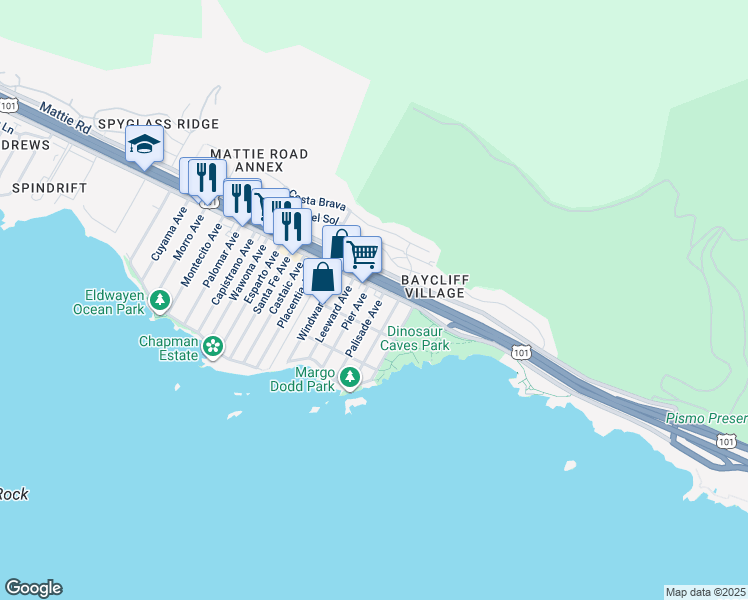 map of restaurants, bars, coffee shops, grocery stores, and more near in Pismo Beach