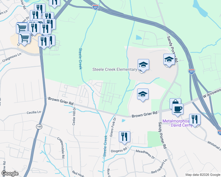 map of restaurants, bars, coffee shops, grocery stores, and more near 13815 Brown Grier Road in Charlotte