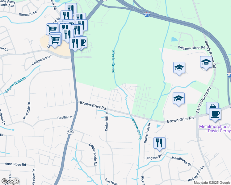 map of restaurants, bars, coffee shops, grocery stores, and more near 13632 Brown Grier Road in Charlotte