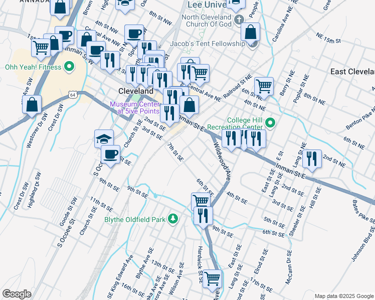 map of restaurants, bars, coffee shops, grocery stores, and more near 435 4th Street Southeast in Cleveland