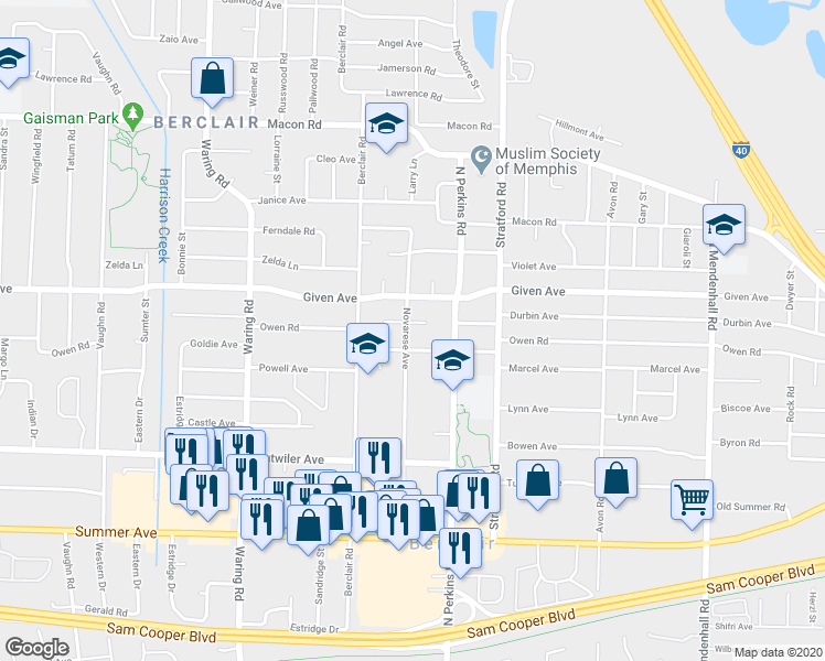 map of restaurants, bars, coffee shops, grocery stores, and more near 4523 Durbin Avenue in Memphis