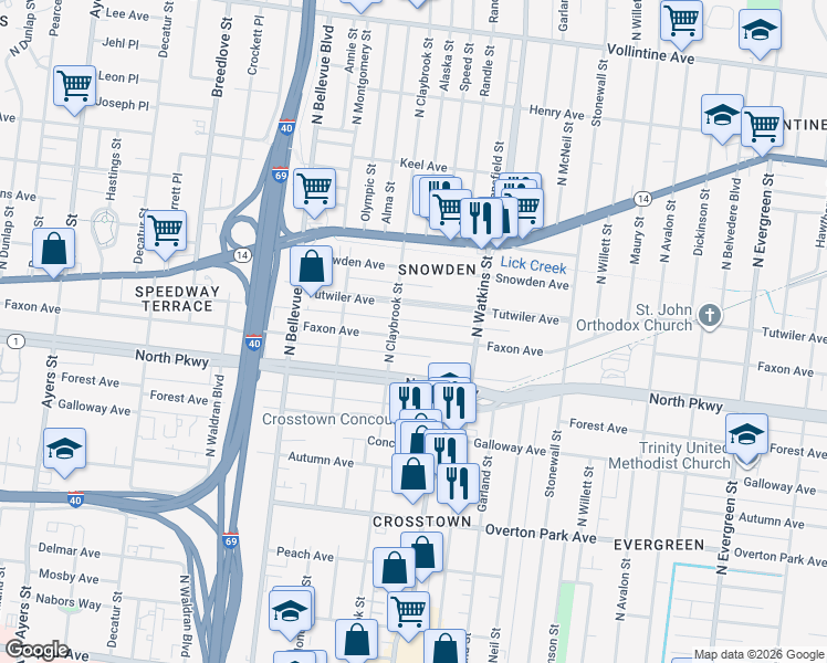 map of restaurants, bars, coffee shops, grocery stores, and more near 1312 Faxon Avenue in Memphis