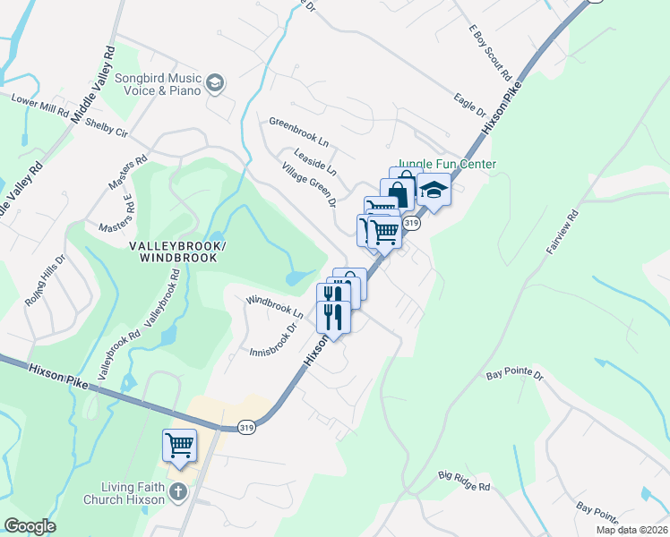 map of restaurants, bars, coffee shops, grocery stores, and more near 6213 North Innisbrook Drive in Chattanooga