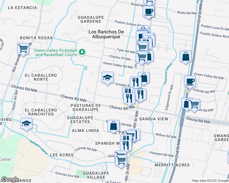 map of restaurants, bars, coffee shops, grocery stores, and more near 620 Schulte Road Northwest in Los Ranchos de Albuquerque
