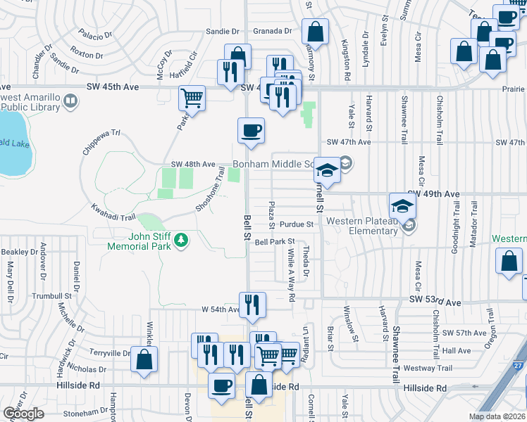 map of restaurants, bars, coffee shops, grocery stores, and more near 5803 Southwest 50th Avenue in Amarillo