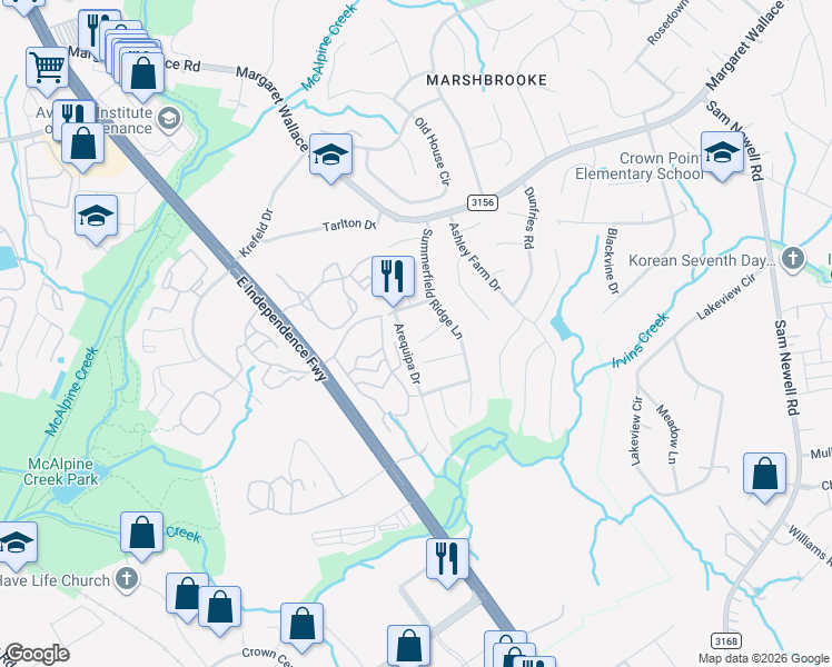 map of restaurants, bars, coffee shops, grocery stores, and more near 2713 Mill Valley Court in Matthews