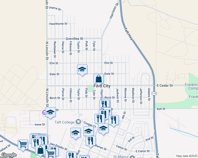 map of restaurants, bars, coffee shops, grocery stores, and more near 311 Harrison Street in Taft
