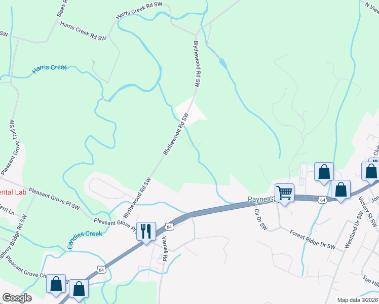 map of restaurants, bars, coffee shops, grocery stores, and more near 697 Blythewood Rd SW in Cleveland