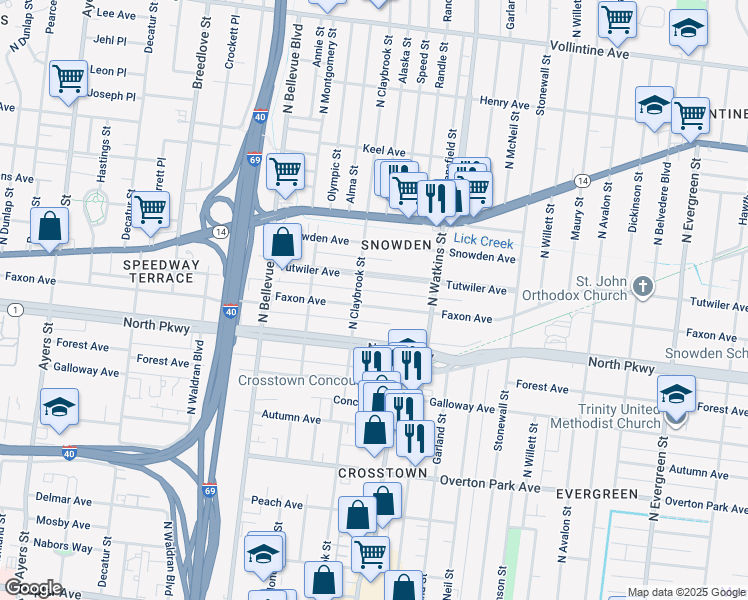 map of restaurants, bars, coffee shops, grocery stores, and more near 1320 Faxon Avenue in Memphis