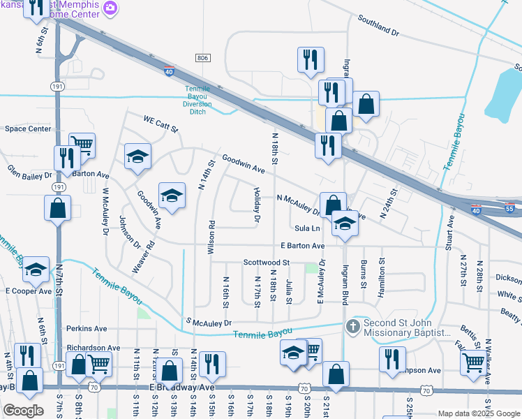 map of restaurants, bars, coffee shops, grocery stores, and more near 37 Holiday Drive in West Memphis