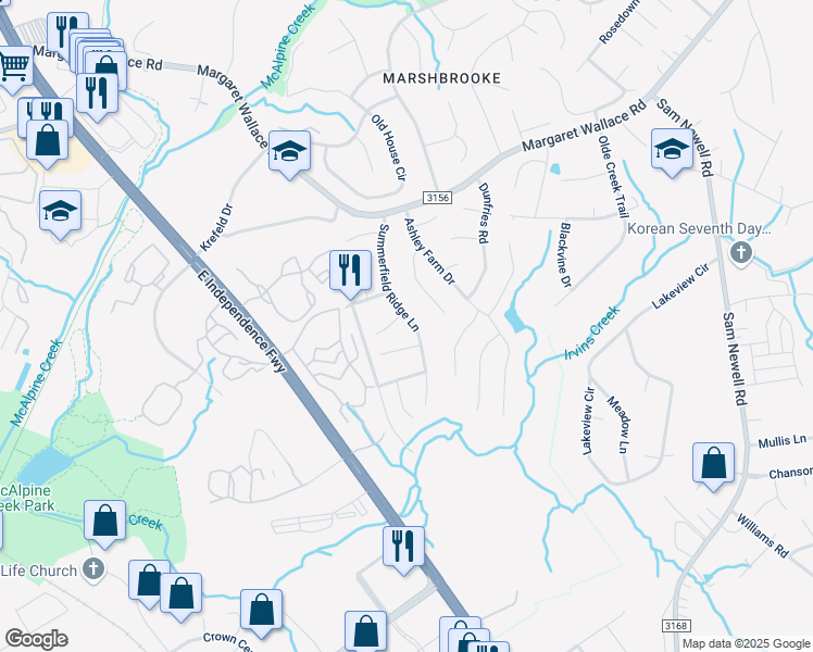 map of restaurants, bars, coffee shops, grocery stores, and more near 3231 Summerfield Ridge Lane in Matthews