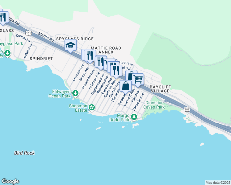 map of restaurants, bars, coffee shops, grocery stores, and more near 214 Placentia Avenue in Pismo Beach