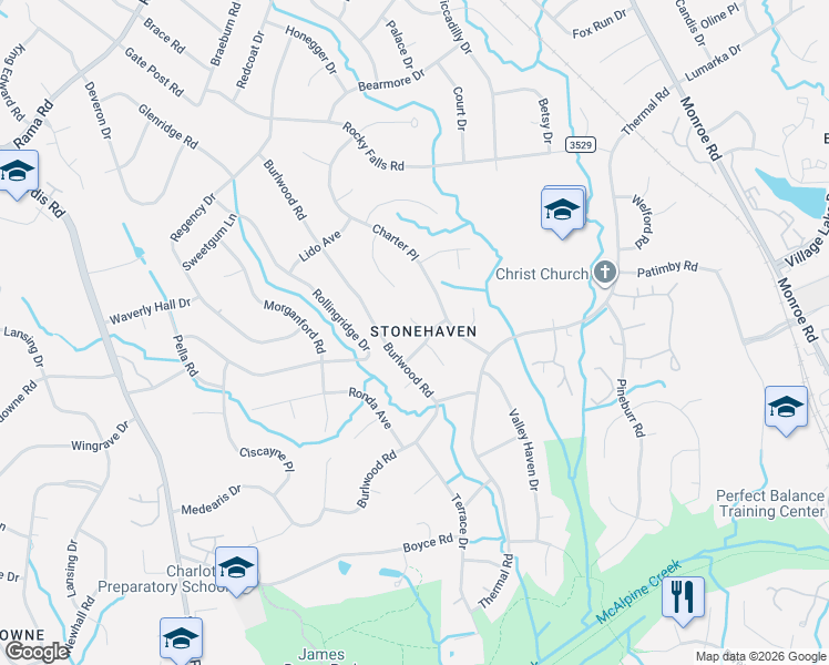 map of restaurants, bars, coffee shops, grocery stores, and more near 6620 Woodmont Place in Charlotte