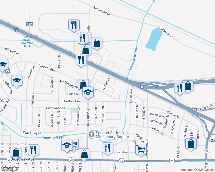 map of restaurants, bars, coffee shops, grocery stores, and more near 2155-2313 Wheeler Avenue in West Memphis