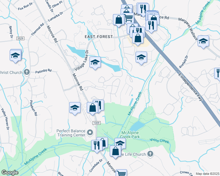 map of restaurants, bars, coffee shops, grocery stores, and more near 7806 Timber Commons Lane in Charlotte
