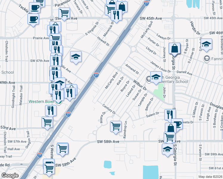 map of restaurants, bars, coffee shops, grocery stores, and more near 5126 Kirk Drive in Amarillo