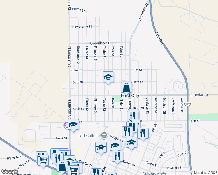 map of restaurants, bars, coffee shops, grocery stores, and more near 318 Taylor Street in Taft