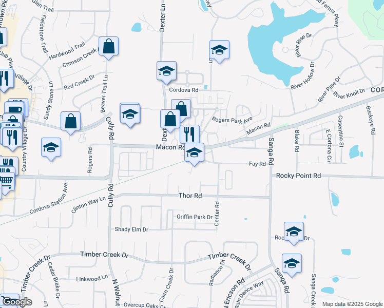 map of restaurants, bars, coffee shops, grocery stores, and more near 8555 Macon Road in Memphis