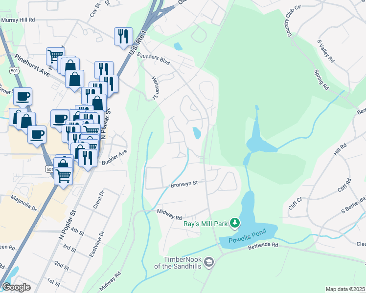 map of restaurants, bars, coffee shops, grocery stores, and more near 702 Churchill Downs Drive in Southern Pines