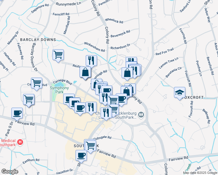 map of restaurants, bars, coffee shops, grocery stores, and more near 4250 Dumbarton Place in Charlotte