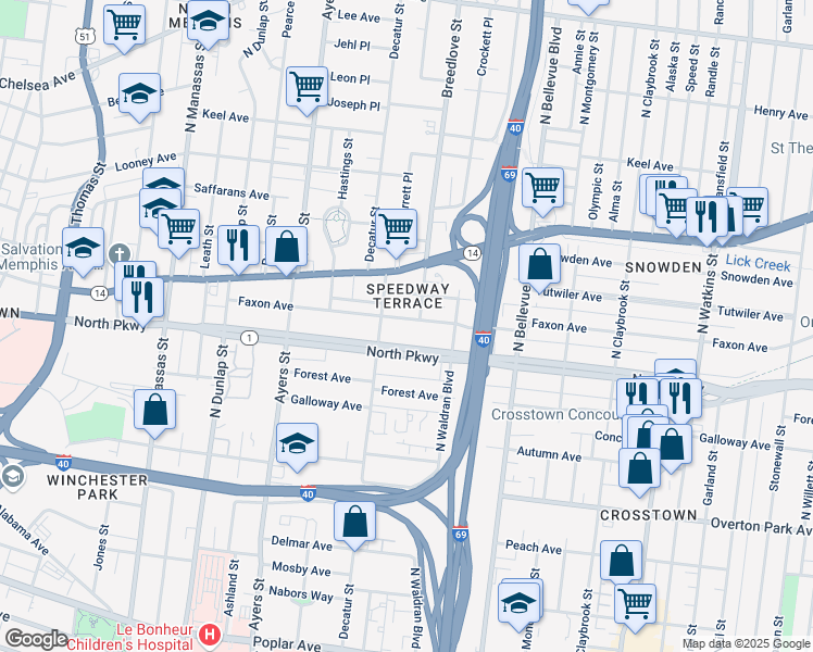 map of restaurants, bars, coffee shops, grocery stores, and more near 1047 Faxon Avenue in Memphis