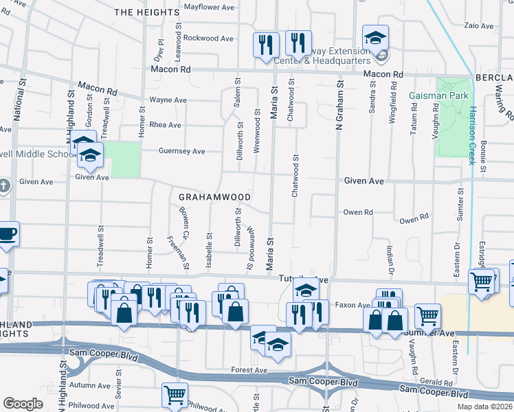 map of restaurants, bars, coffee shops, grocery stores, and more near 3848 Given Avenue in Memphis