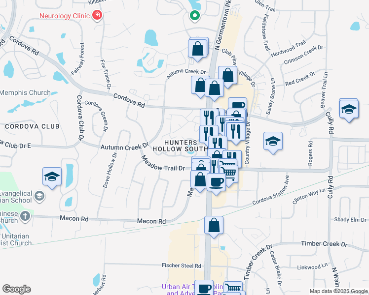 map of restaurants, bars, coffee shops, grocery stores, and more near 1165 Hunter's Lake Drive in Memphis