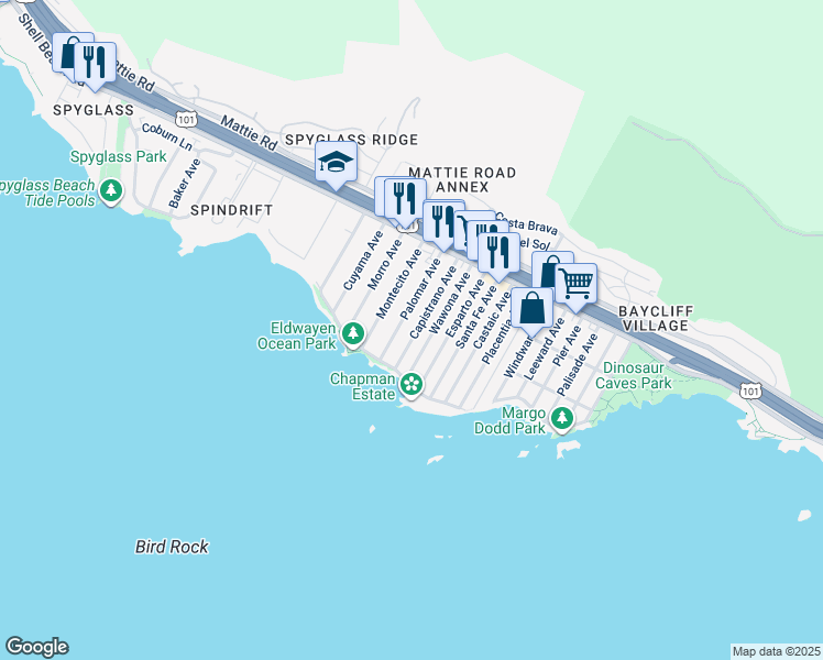 map of restaurants, bars, coffee shops, grocery stores, and more near 320 Capistrano Avenue in Pismo Beach