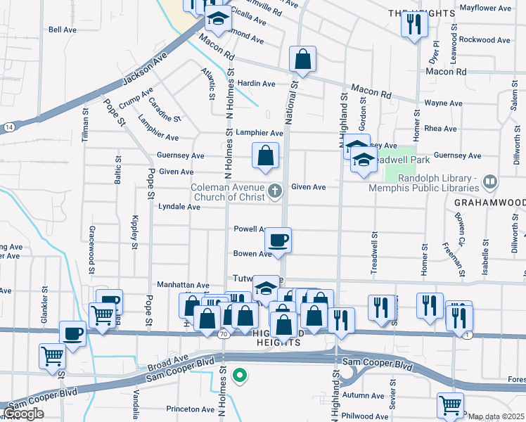 map of restaurants, bars, coffee shops, grocery stores, and more near 3353 Coleman Avenue in Memphis