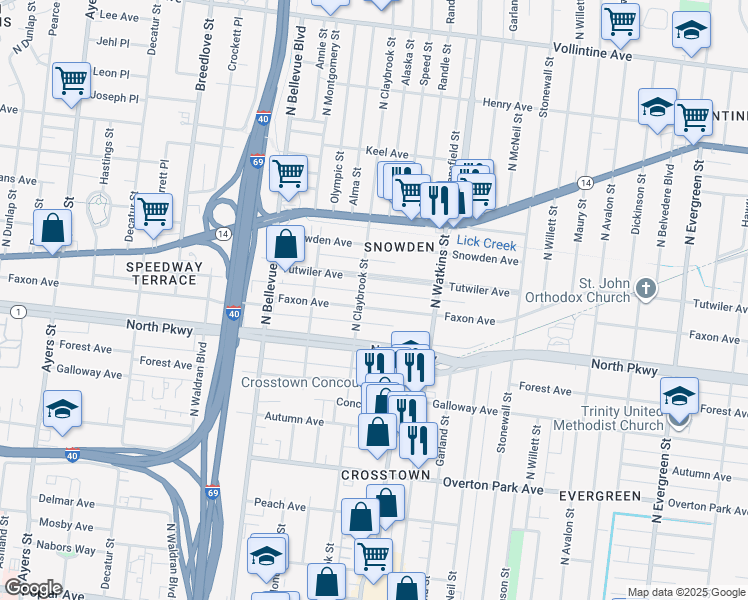 map of restaurants, bars, coffee shops, grocery stores, and more near 1316 Faxon Avenue in Memphis