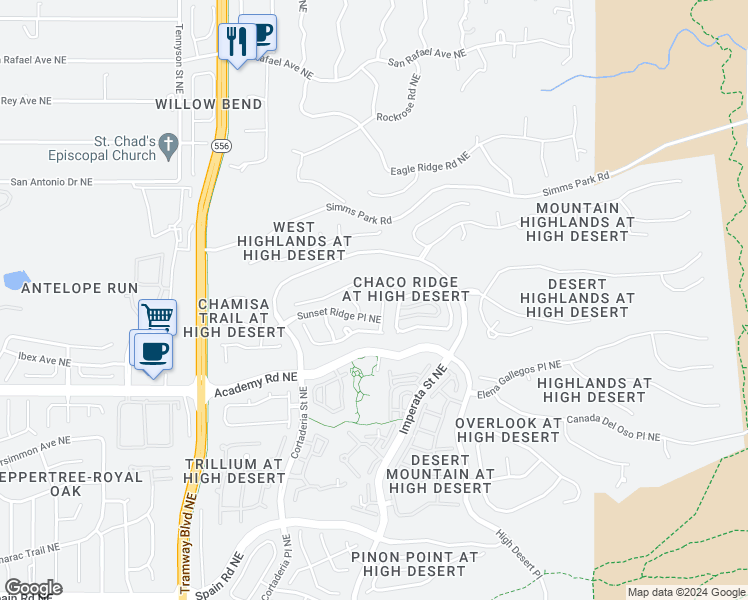 map of restaurants, bars, coffee shops, grocery stores, and more near 6523 Kaas Trail Court Northeast in Albuquerque
