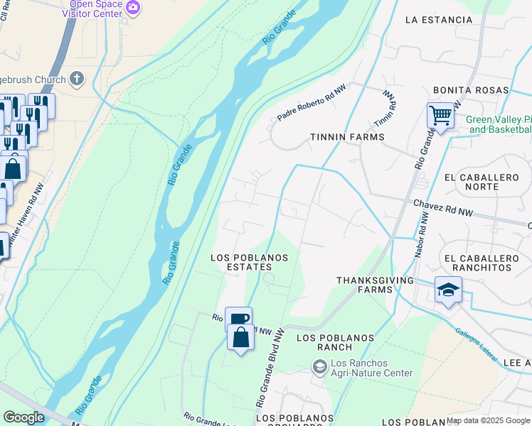 map of restaurants, bars, coffee shops, grocery stores, and more near 5411 Los Poblanos Lane in Los Ranchos de Albuquerque