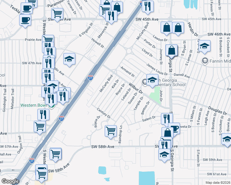 map of restaurants, bars, coffee shops, grocery stores, and more near 5118 Royce Drive in Amarillo