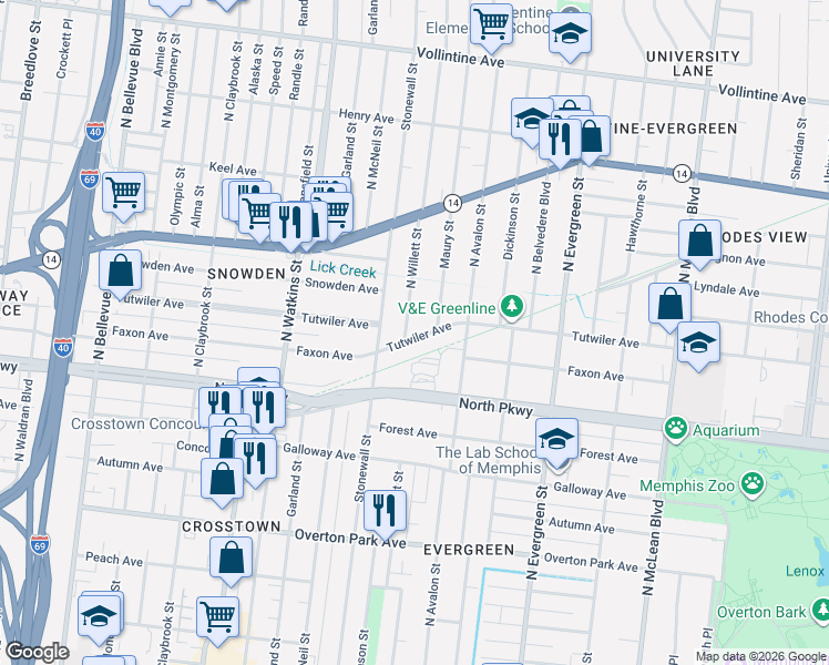 map of restaurants, bars, coffee shops, grocery stores, and more near 1542 Tutwiler Avenue in Memphis