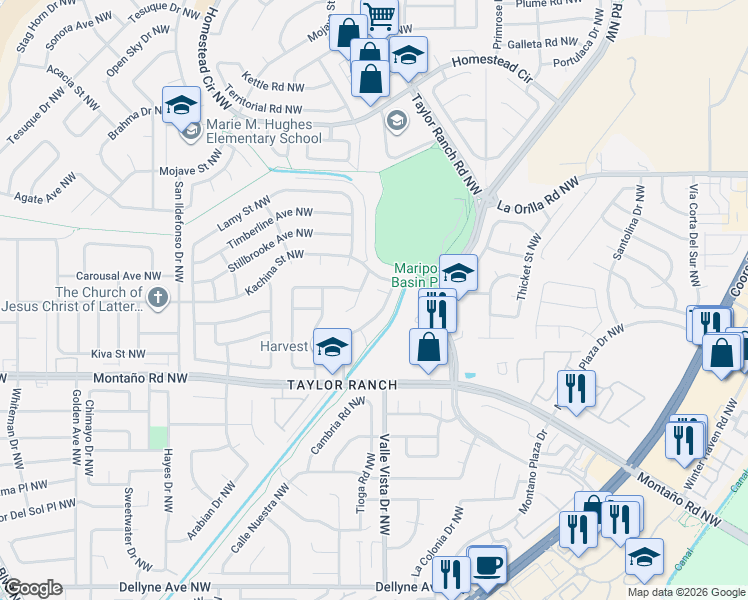 map of restaurants, bars, coffee shops, grocery stores, and more near 6316 Montano Pointe Road Northwest in Albuquerque
