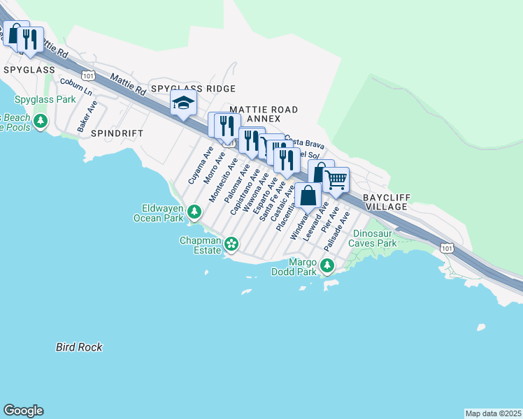 map of restaurants, bars, coffee shops, grocery stores, and more near 239 Santa Fe Avenue in Pismo Beach