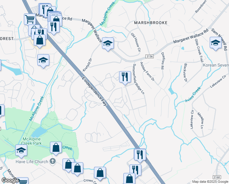 map of restaurants, bars, coffee shops, grocery stores, and more near 7908 Woodway Oak Circle in Matthews