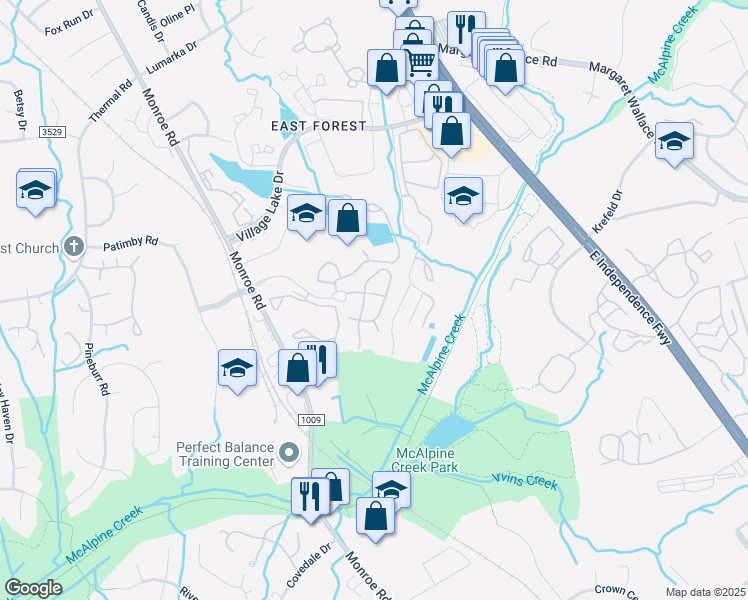 map of restaurants, bars, coffee shops, grocery stores, and more near 7806 Timber Commons Lane in Charlotte