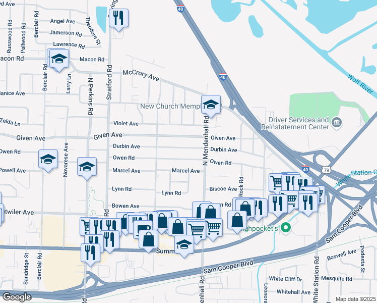 map of restaurants, bars, coffee shops, grocery stores, and more near 4839 Durbin Avenue in Memphis
